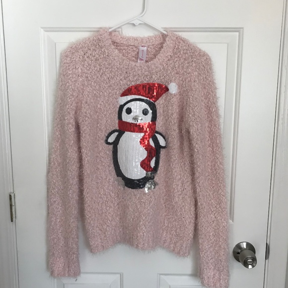 Christmas No Boundaries Fuzzy Sequin Penguin Holiday Sweater Size L 11-13 Pink - Picture 1 of 5
